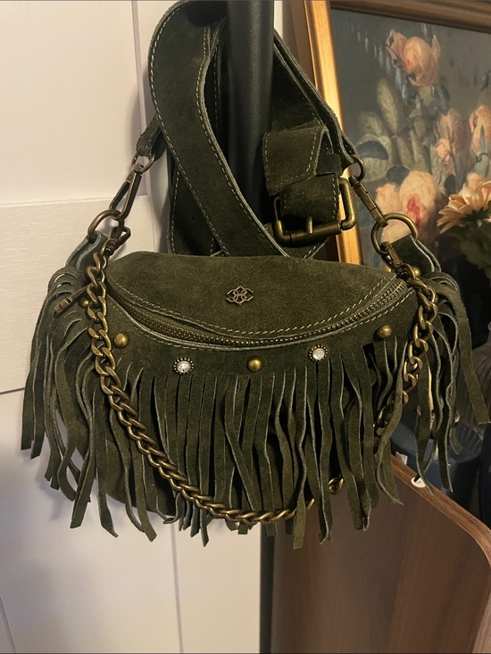 Vera Pelle Handbags - Vera Pelle Olive Green Suede Fringe Crossbody with Chain